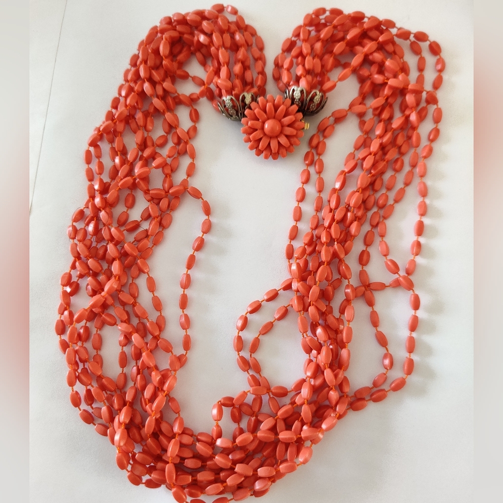 Pink Salmon Tone Coral Multi-Strand Celluloid Beads Torsade Necklace